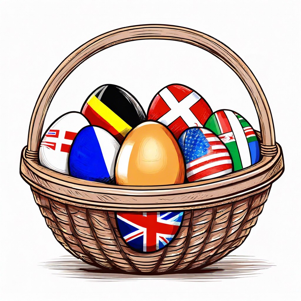 a basket filled with eggs each with a different countrys flag