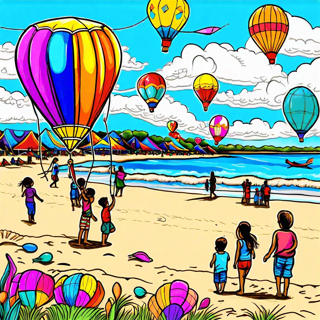 a beach festival with kites and balloons