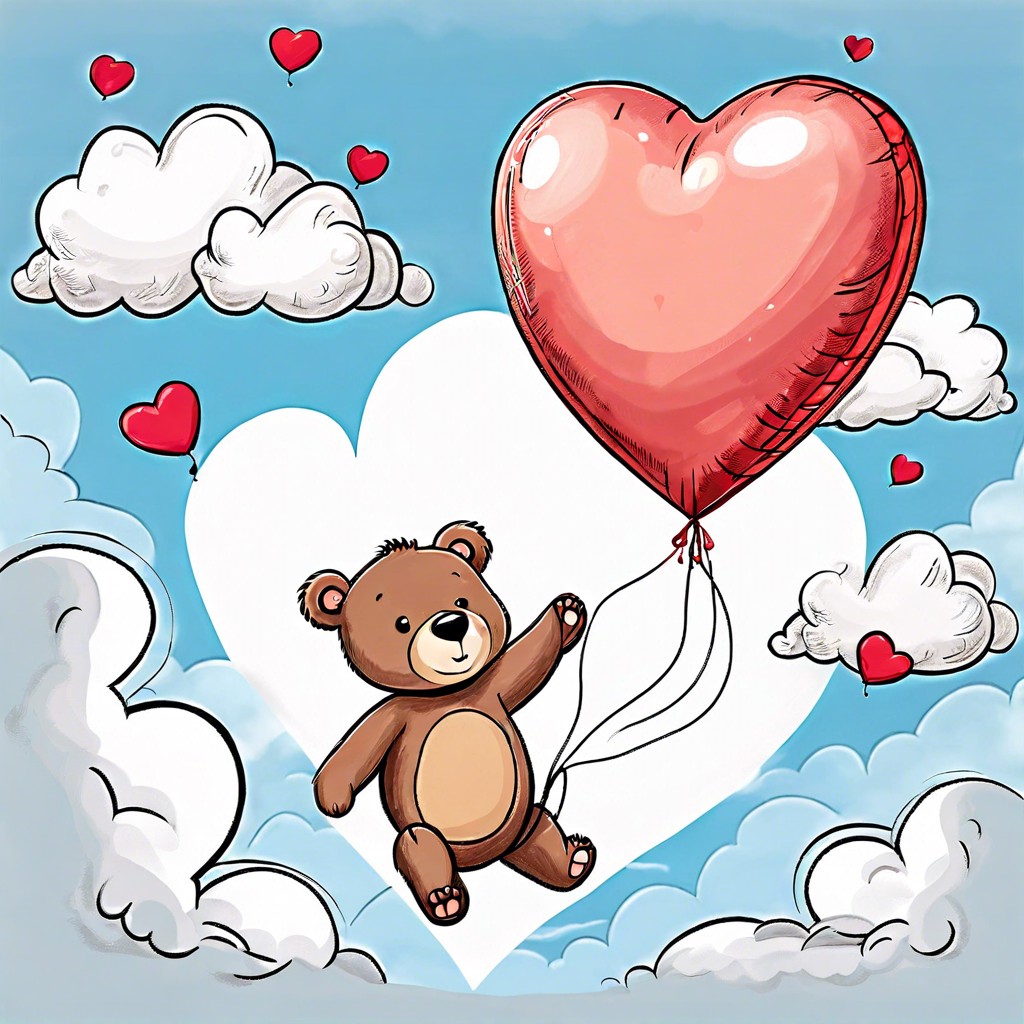 a bear holding a heart shaped balloon floating amongst clouds