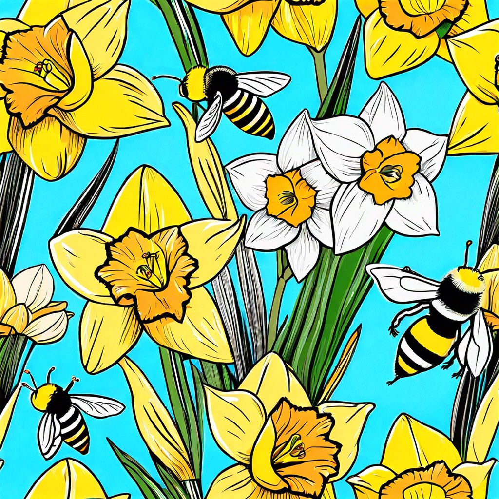 a bee collecting pollen from daffodils
