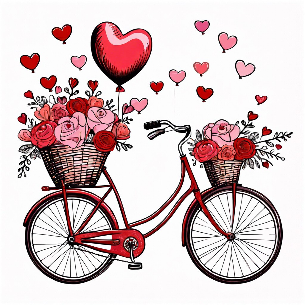 a bicycle with a flower filled basket and balloons shaped like hearts flying above