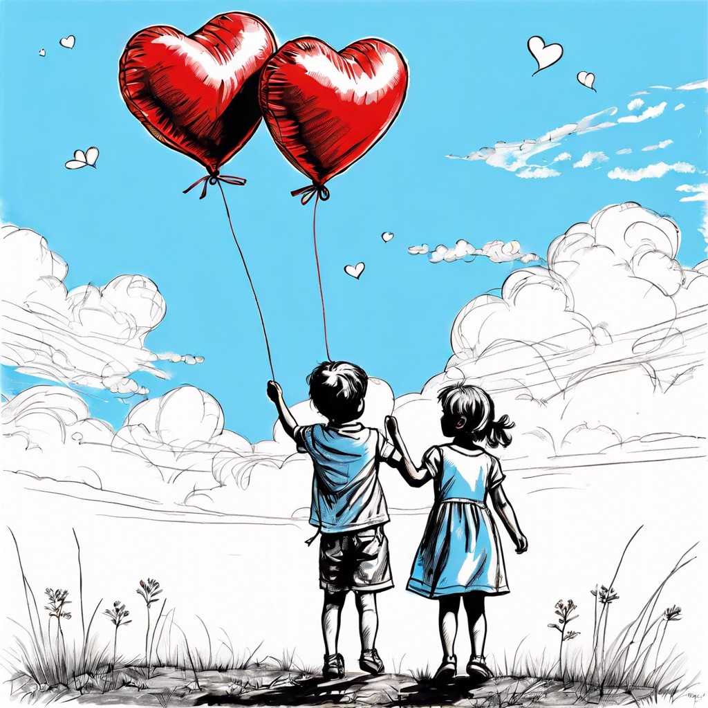 a boy and a girl exchanging heart shaped balloons