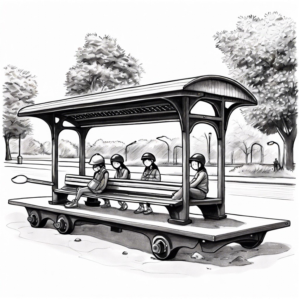 a bustling ant sized train station underneath a park bench serving various insect commuters