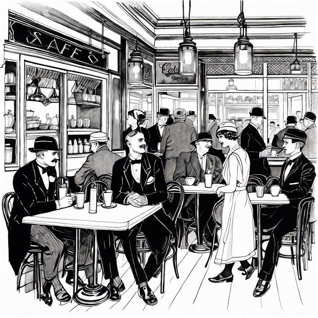 a bustling cafe scene from the 1920s