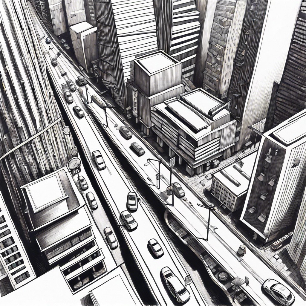 a bustling cityscape from a birds eye view including intricate buildings and moving cars
