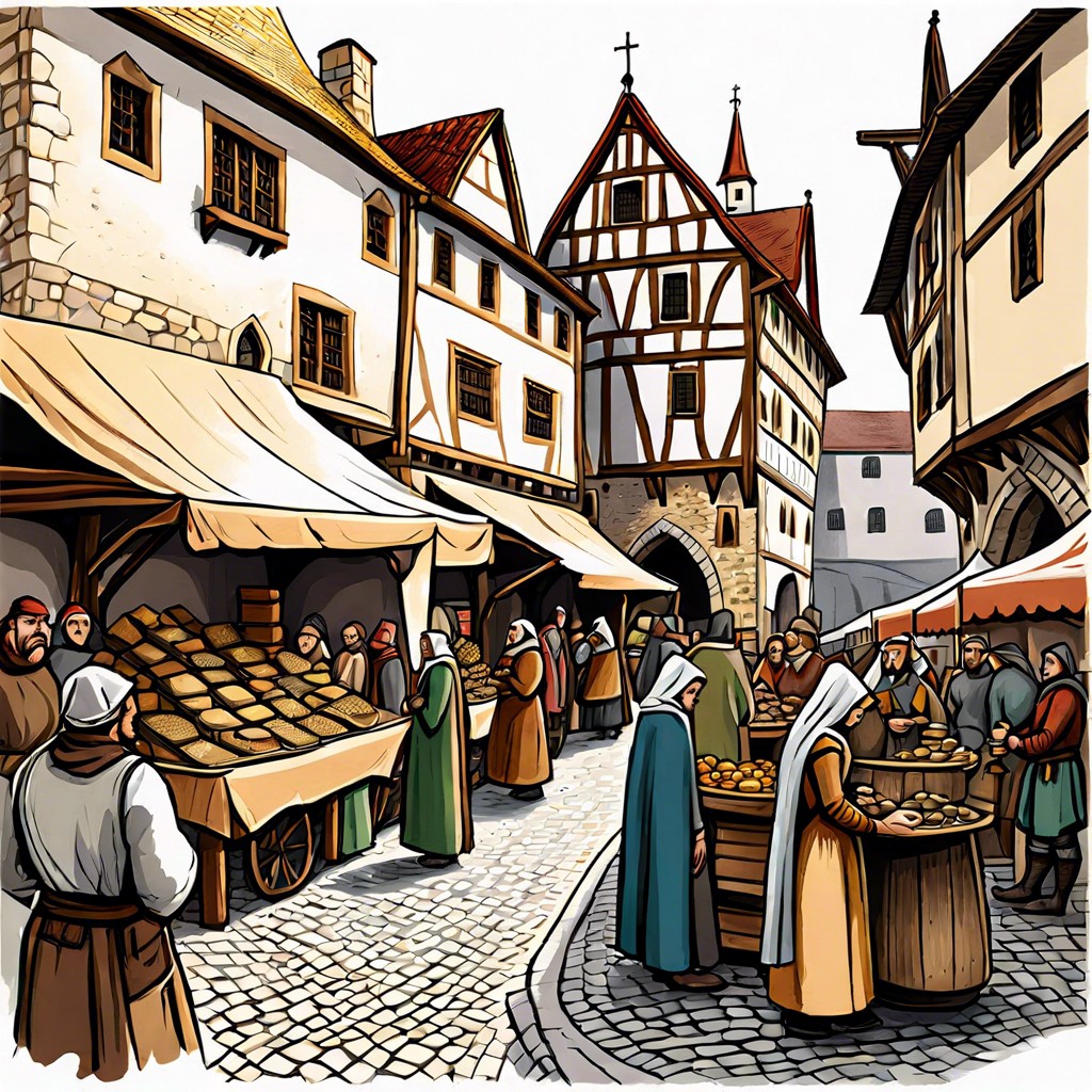 a bustling marketplace in a historic town