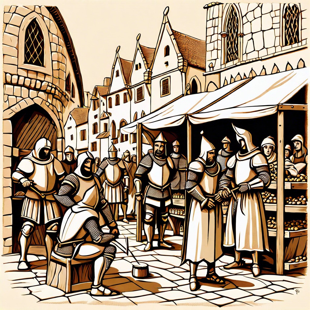 a bustling medieval market scene with knights artisans and jesters