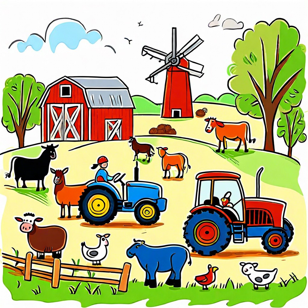 a busy farmyard scene with tractors and animals