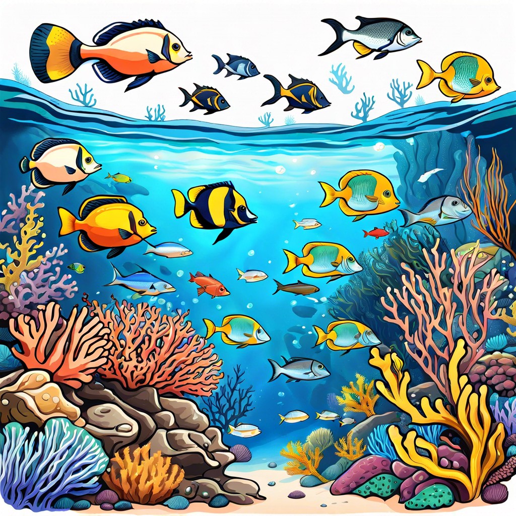 a busy underwater scene with various species of fish and coral