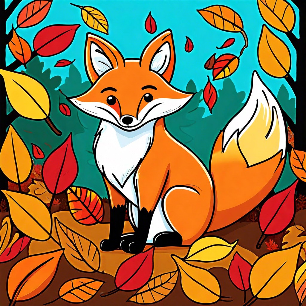 a cartoonish fox surrounded by fall foliage