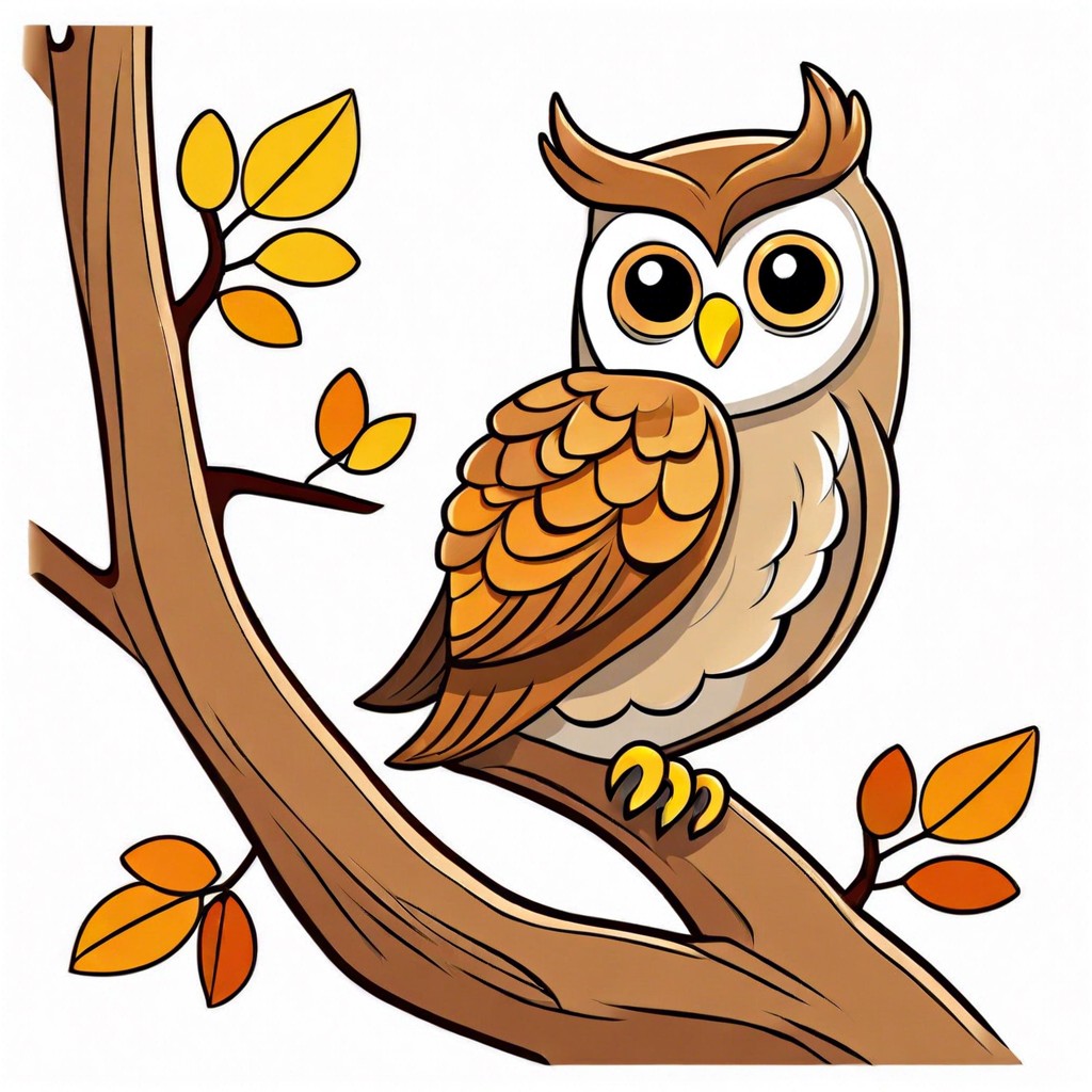 a cartoonish owl perched on a bare branch