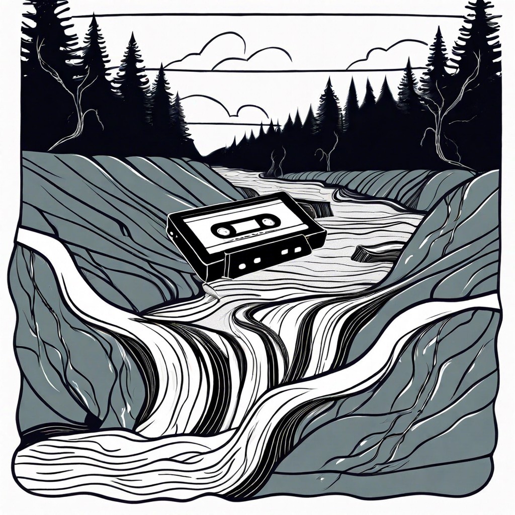 a cassette tape with the tape spilling out to form a river