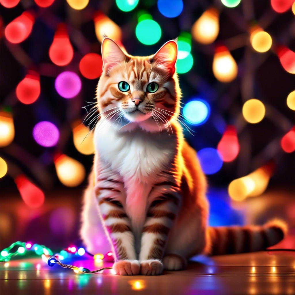 a cat tangled in christmas lights