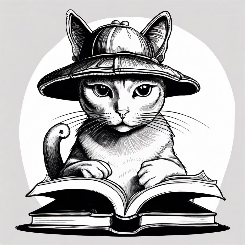a cat wearing a mushroom hat reading a book