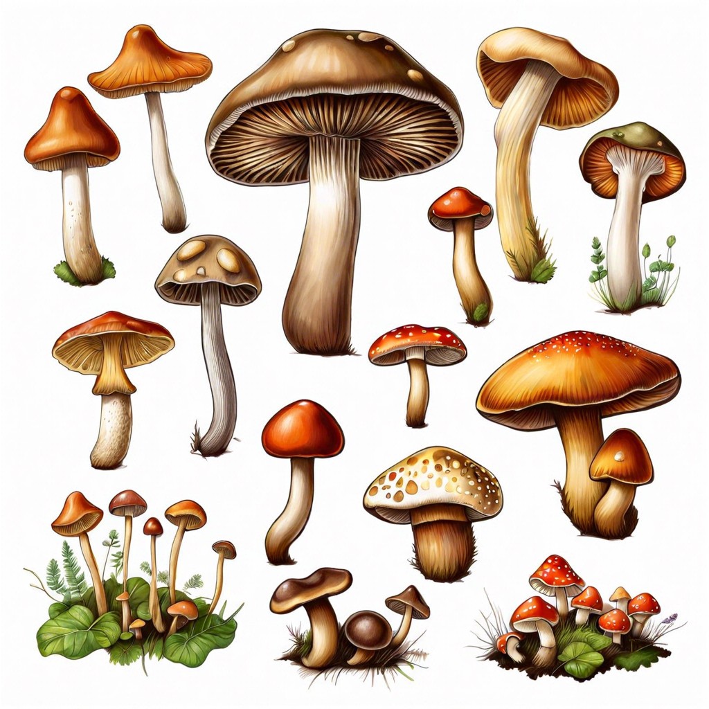 a chefs collection of edible mushrooms each drawn with its culinary pairings