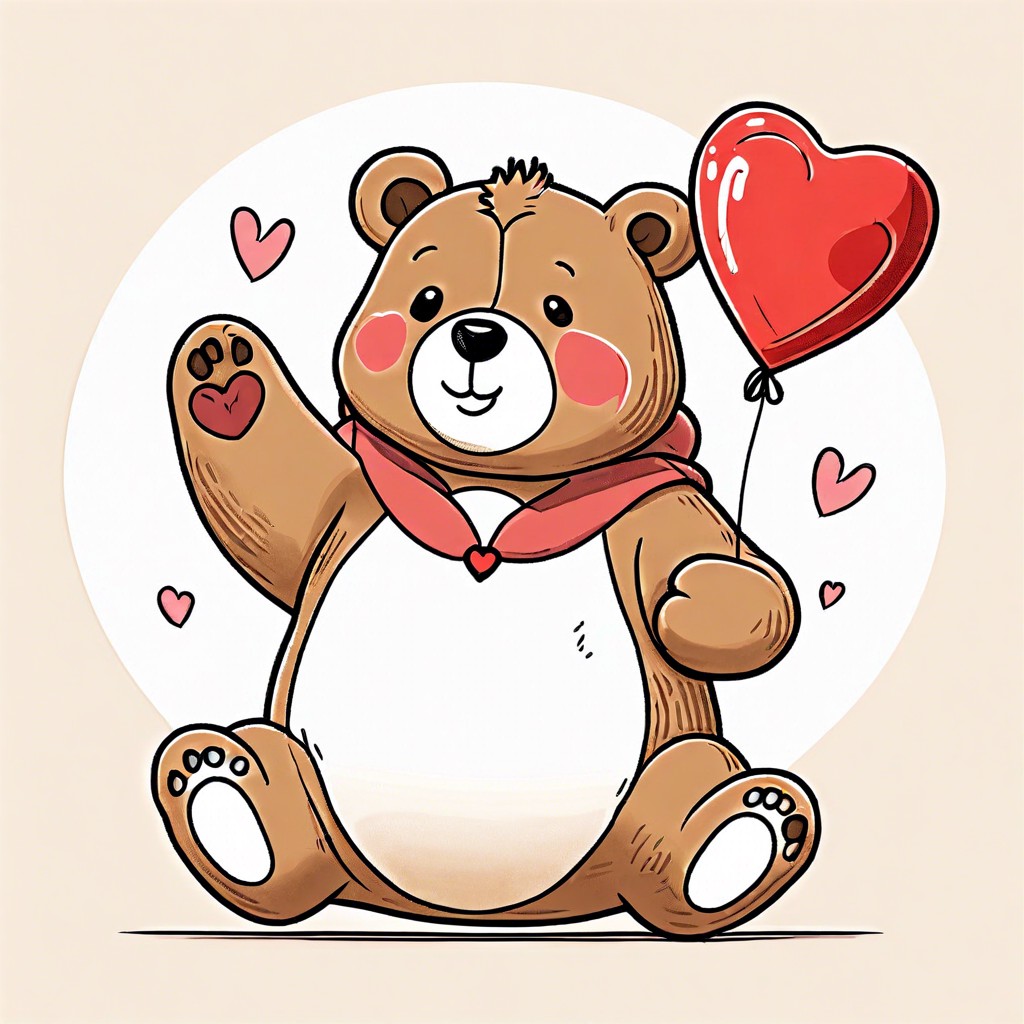 a chubby bear holding a heart shaped balloon
