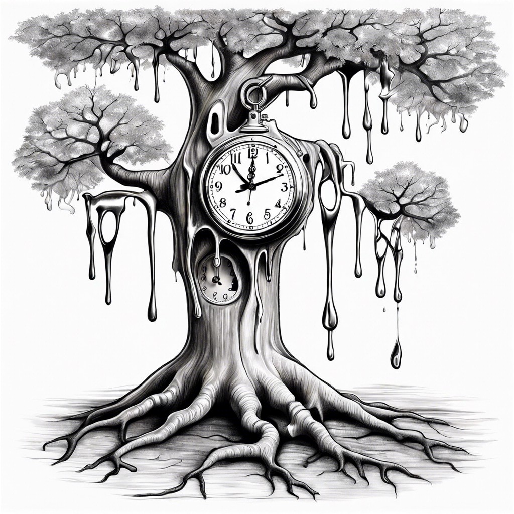 a clock melting over a tree branch hands ticking backwards