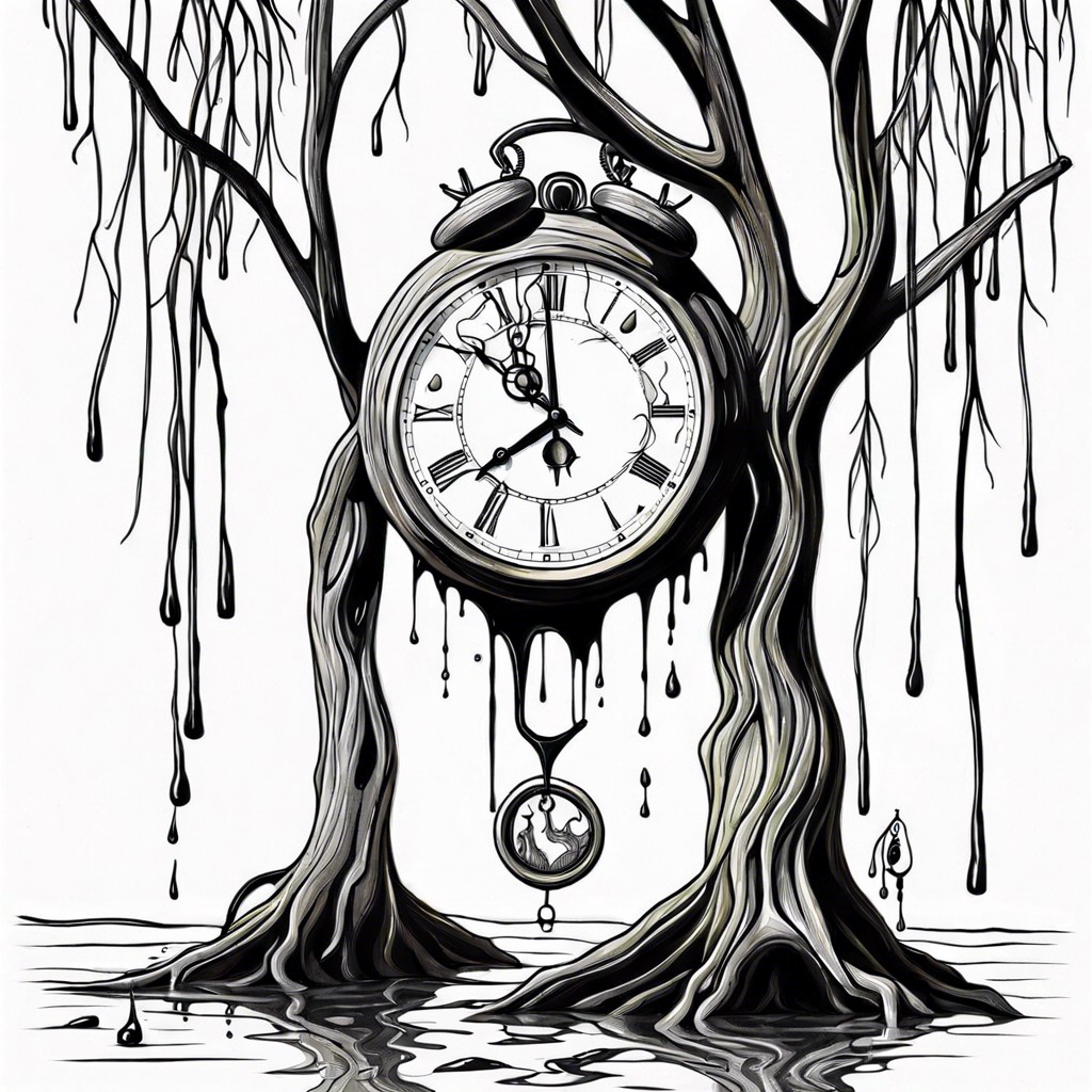 a clock melting over the branches of a willow tree