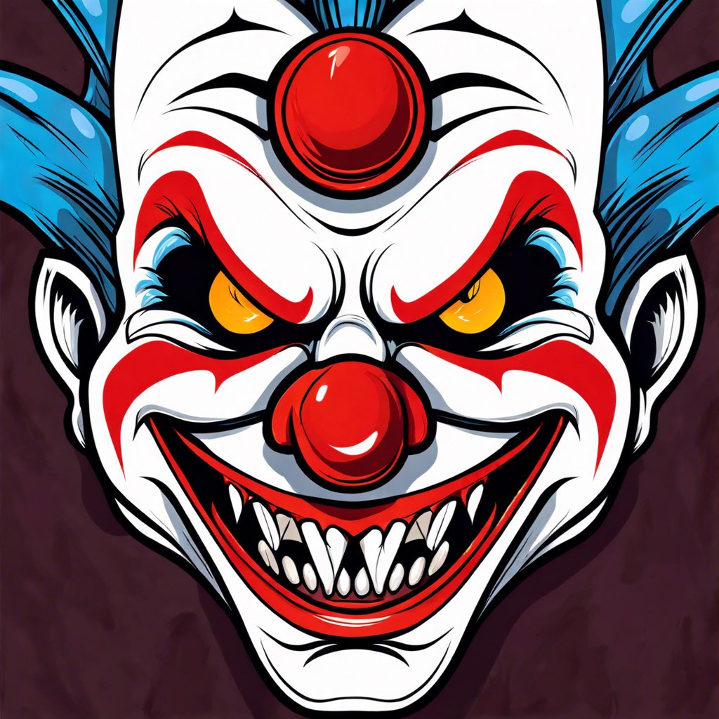 a close up of a monstrous grinning clown face