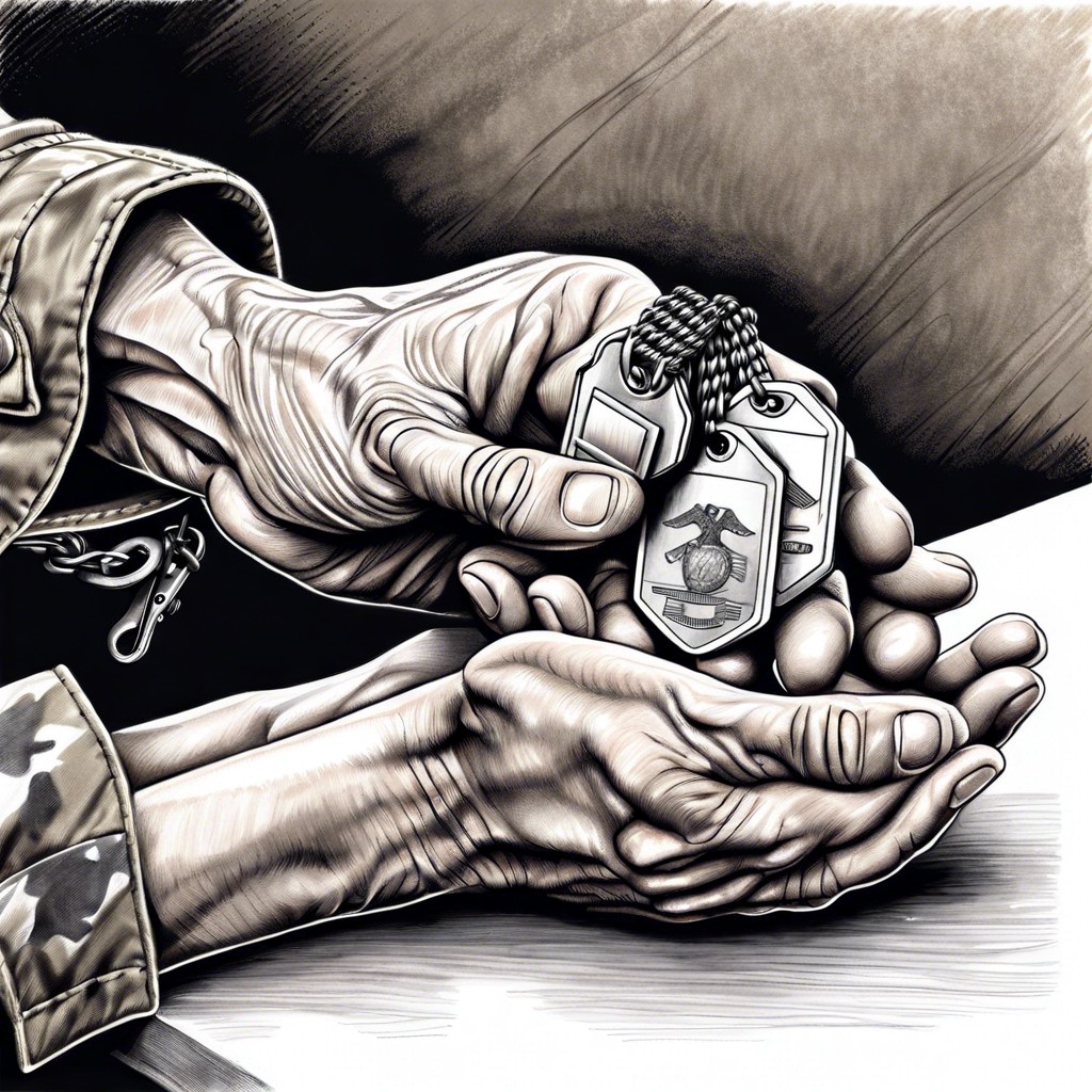 a close up of a veterans hands holding dog tags