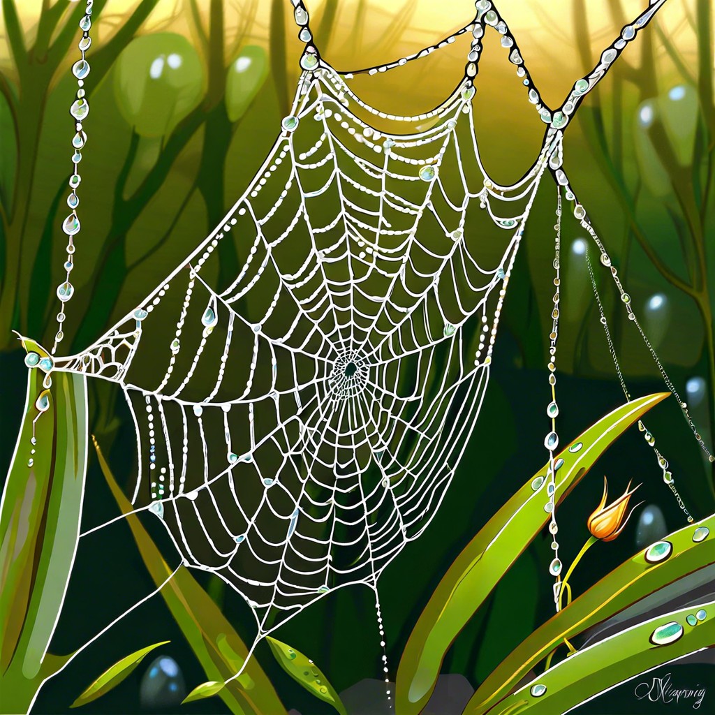 a close up of dew on a spiderweb