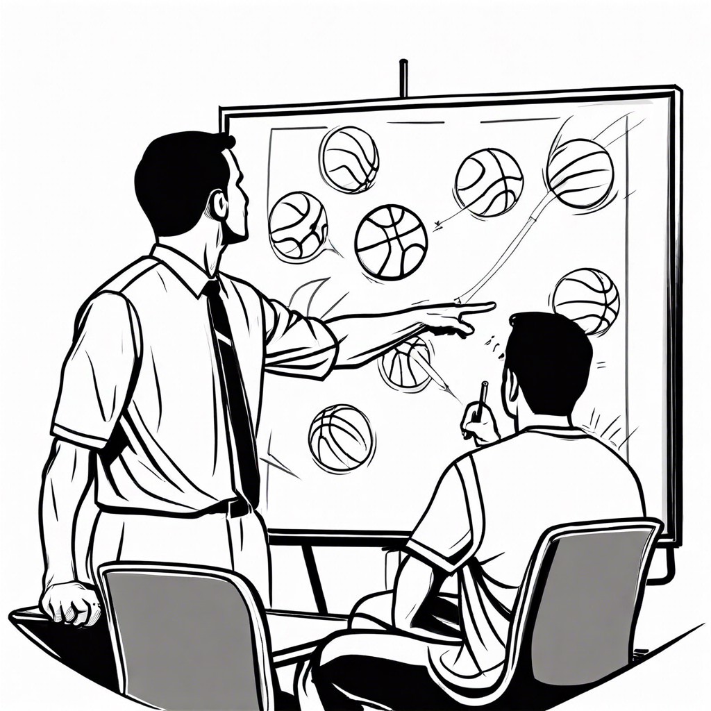 a coach drawing tactics on a whiteboard surrounded by players