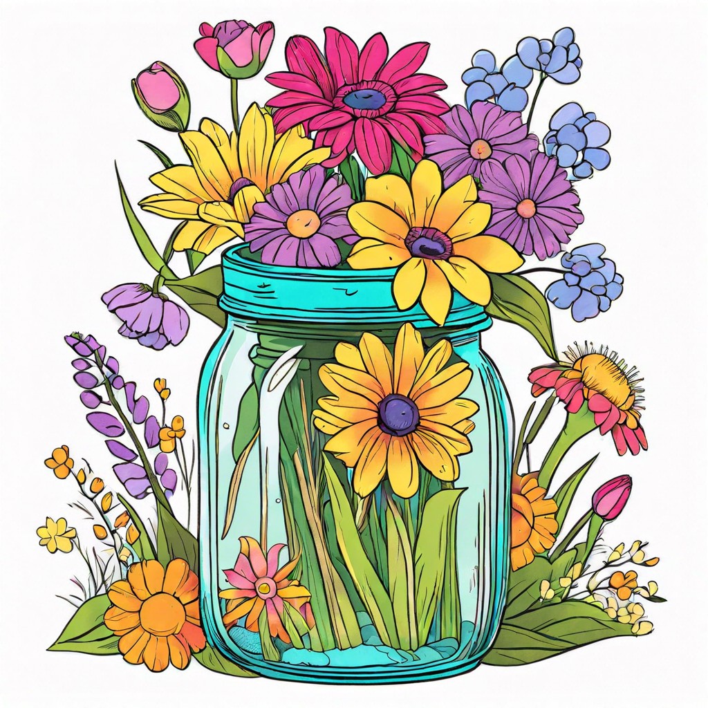 a collection of spring flowers in a mason jar