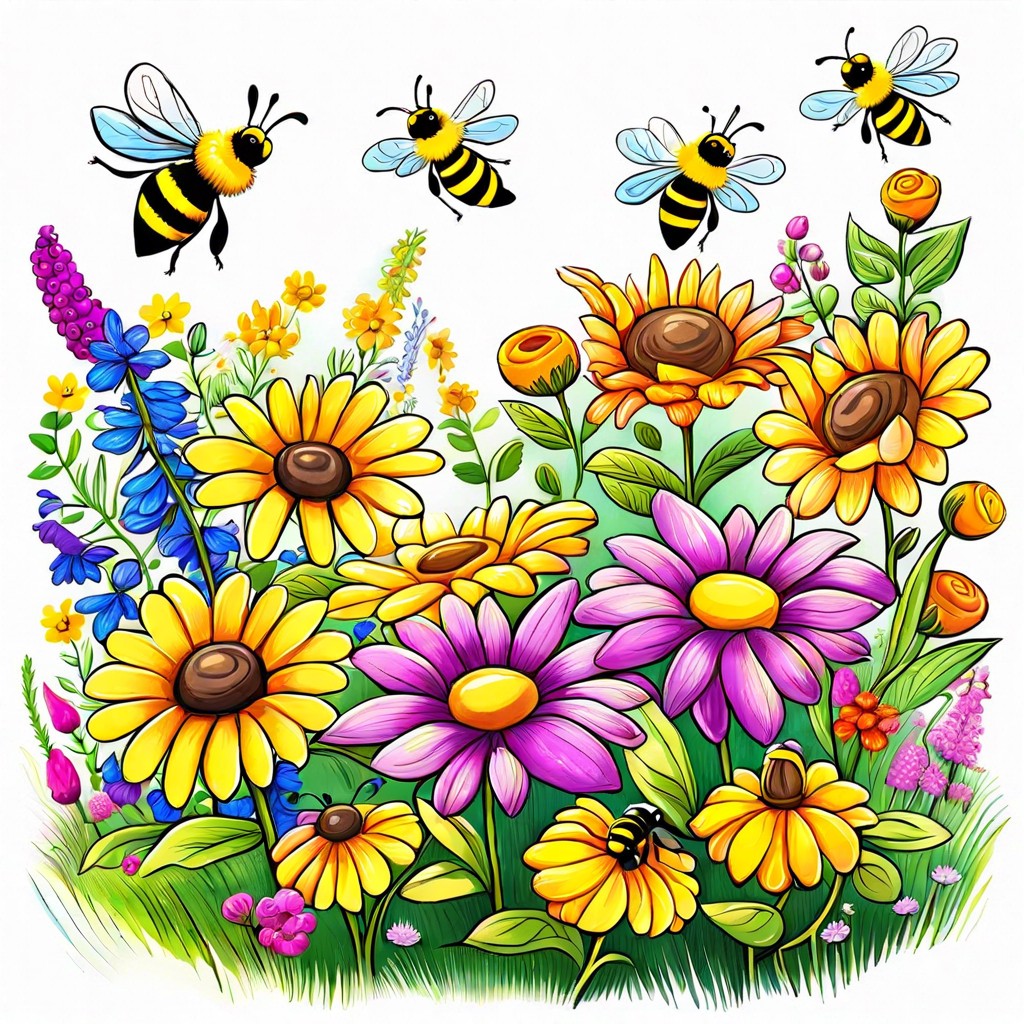 a colorful garden with flowers and bees
