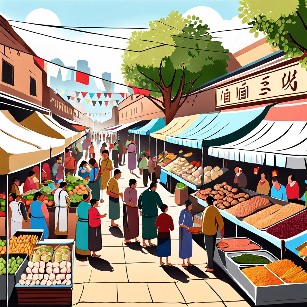 a complex food market with various stalls people and goods