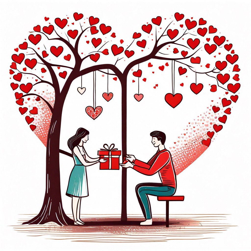 a couple exchanging heartfelt gifts under a heart shaped tree
