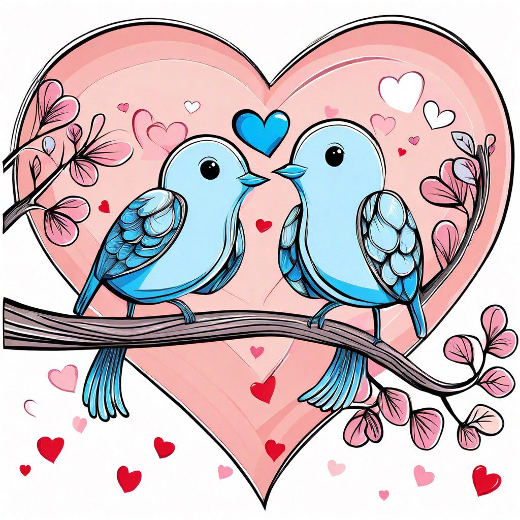 a couple of birds sitting on a branch with a heart hanging from their beaks