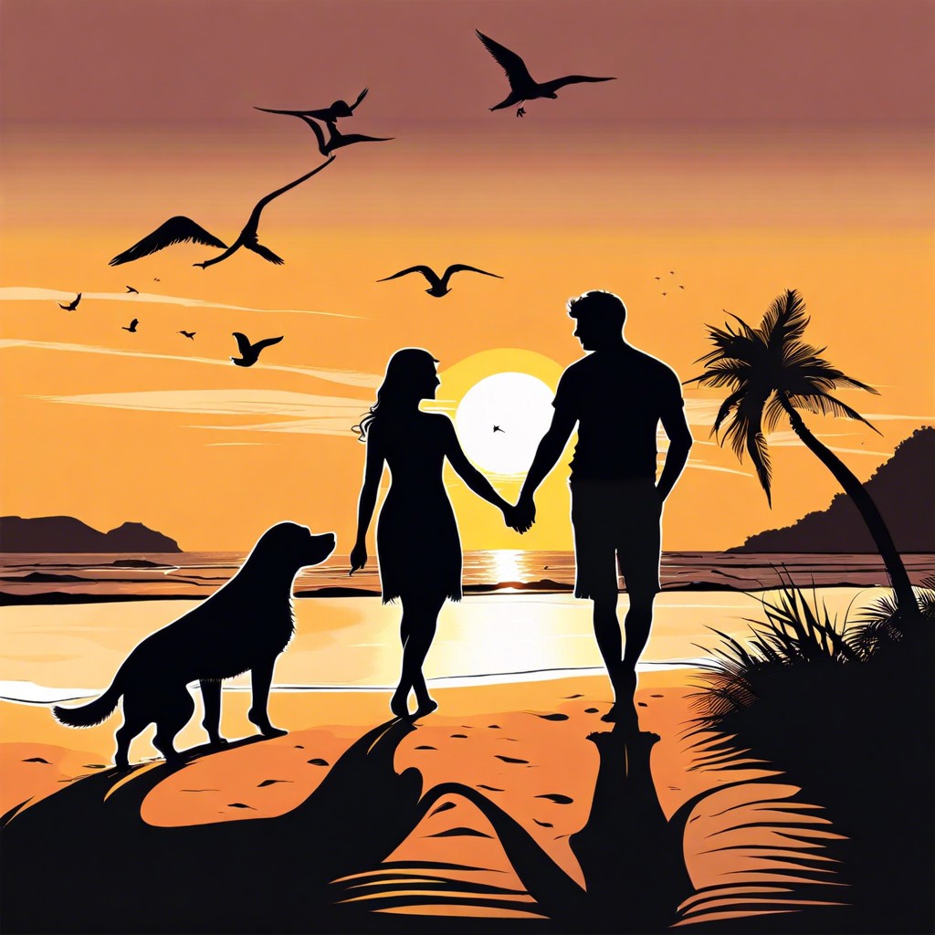 a couple walking their dog along the beach at sunset