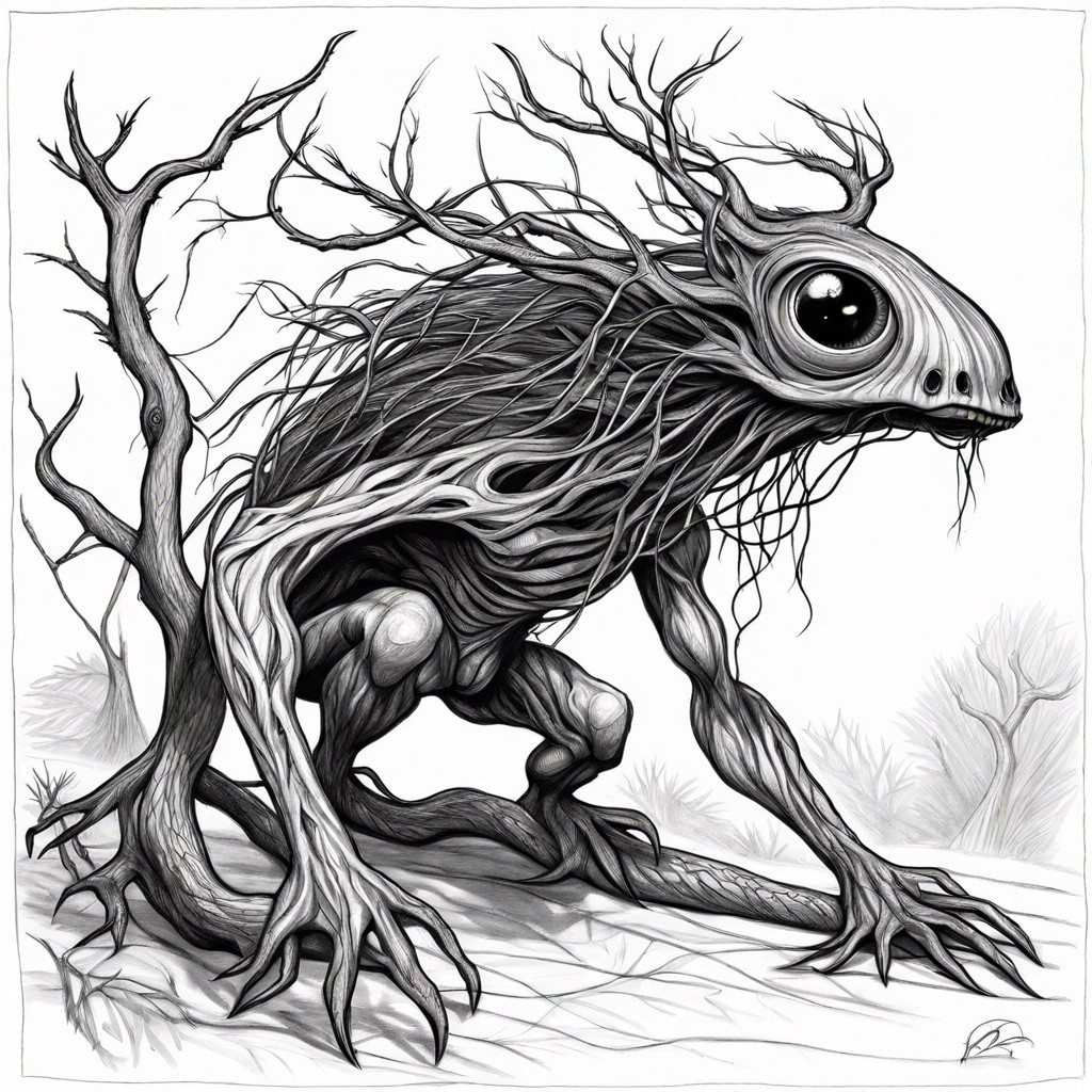 a creature made of tangled roots and branches crawling