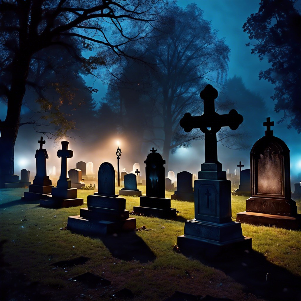 a creepy graveyard with fog and ghosts