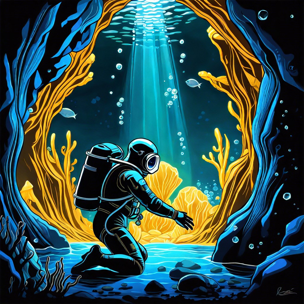a deep sea diver discovering an underwater crystal cave