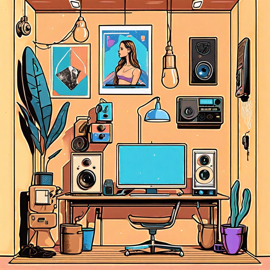 a detailed drawing of a millennial room with iconic y2k posters and gadgets