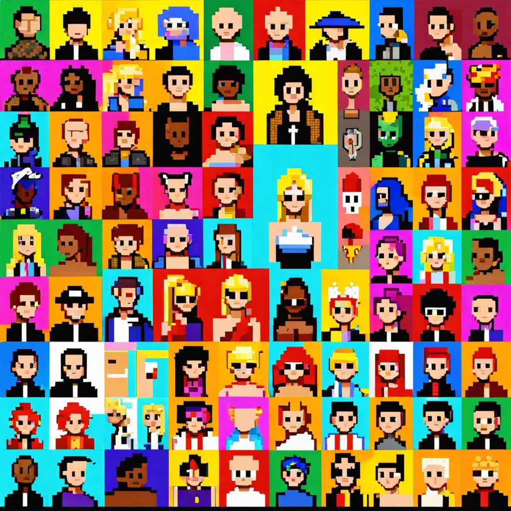 a digital pixel art featuring early 2000s pop icons