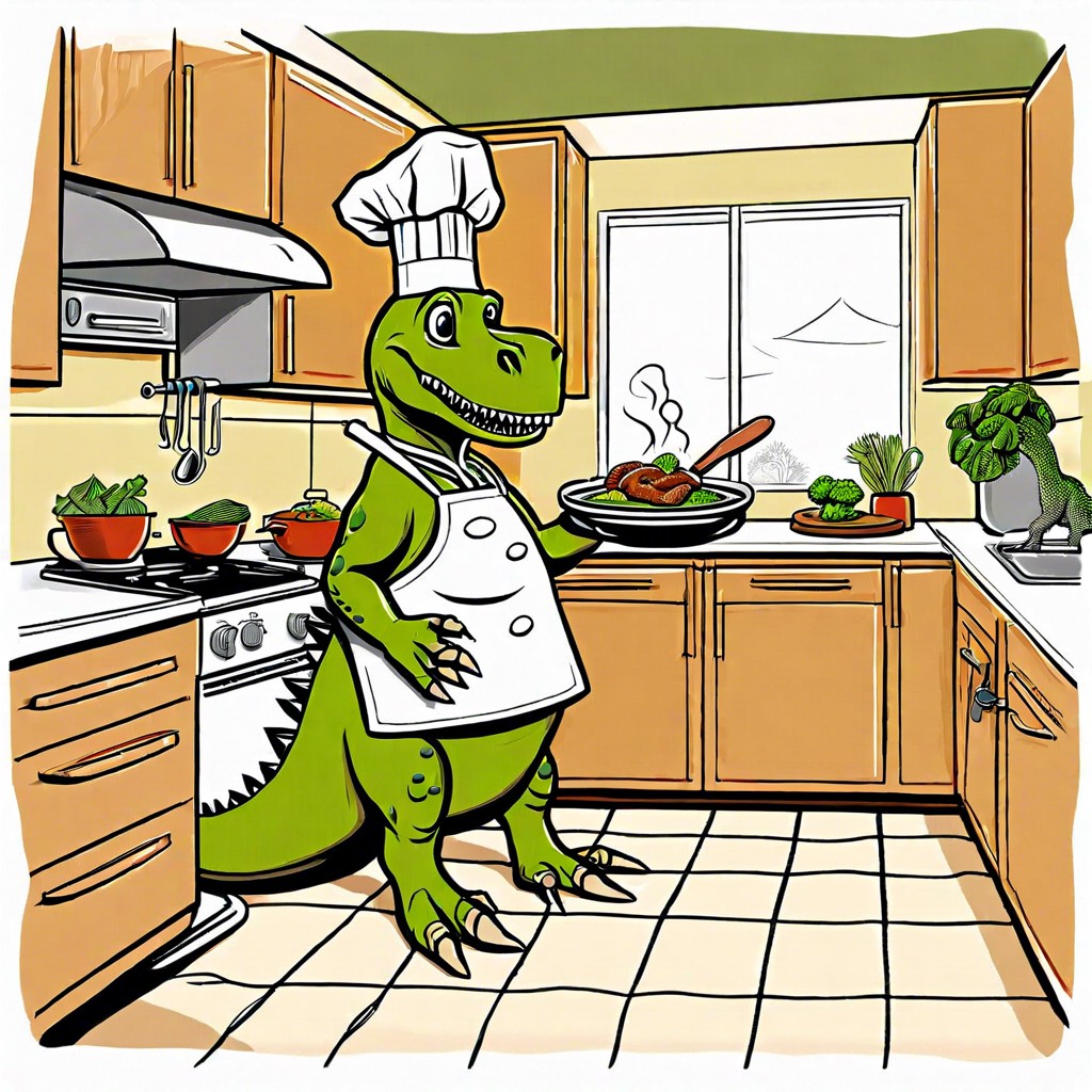 a dinosaur cooking in a modern kitchen
