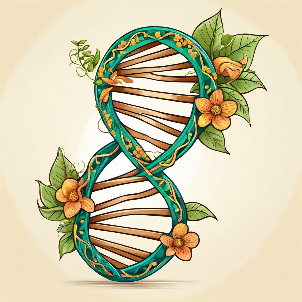 a dna helix transforming into a vine with blooming flowers