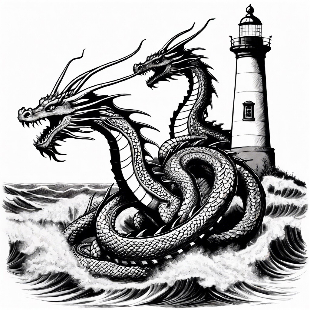 a dragon curled around a lighthouse