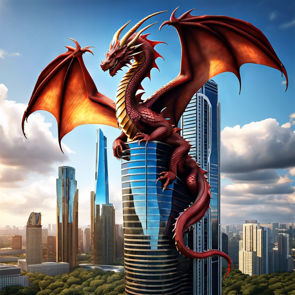 a dragon curled around a modern skyscraper