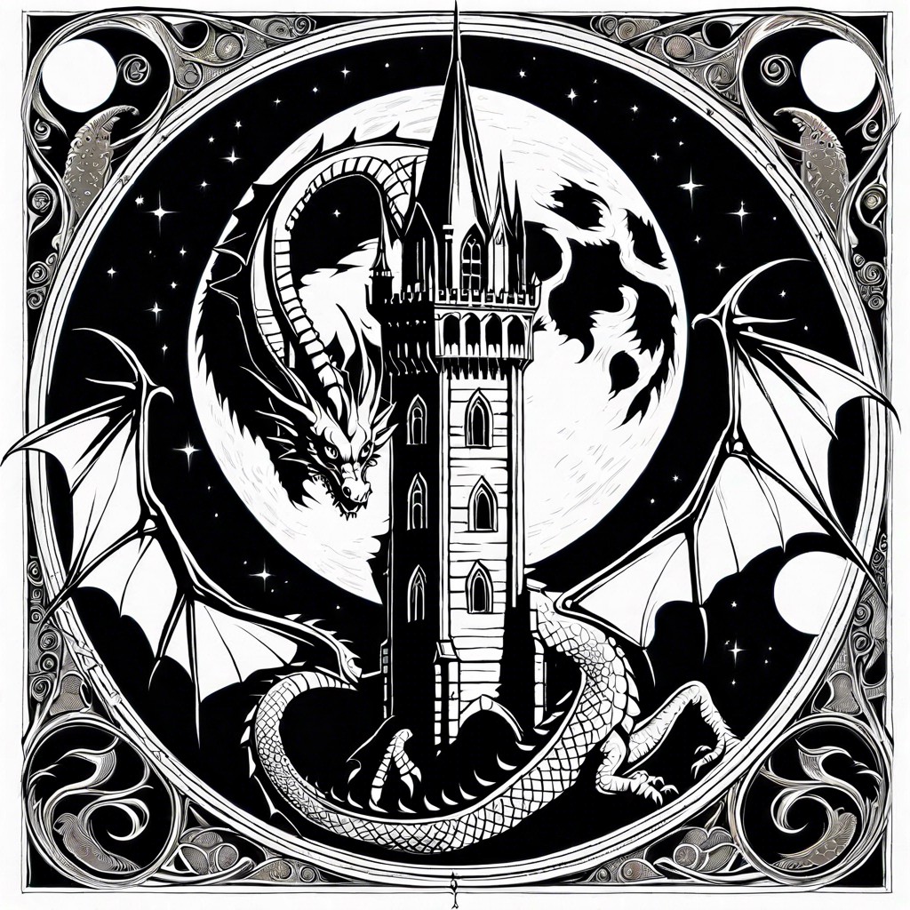 a dragon curled around a moonlit tower
