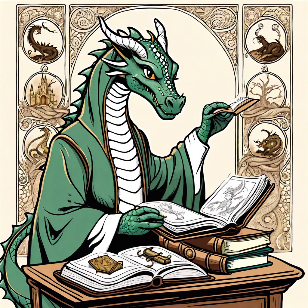 a dragon librarian organizing fairy tale books
