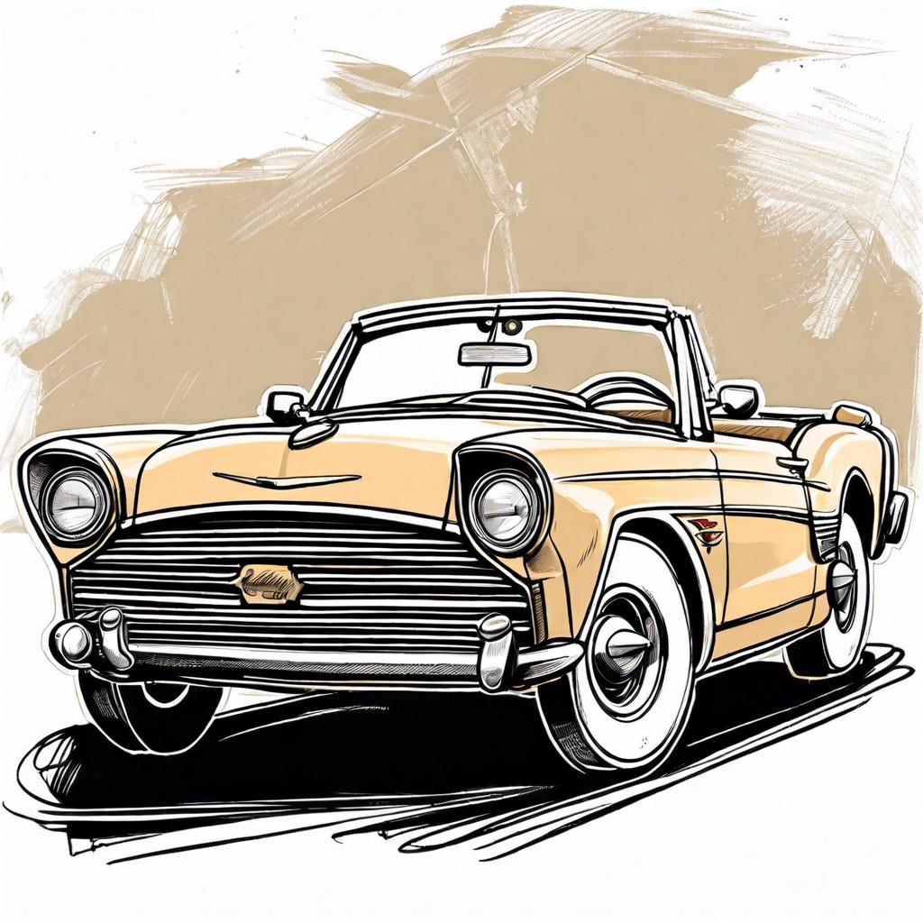 a drawing of an old convertible car adorned with college decals