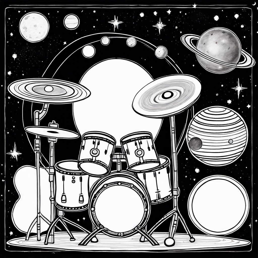a drum set with the drums as various moons and planets