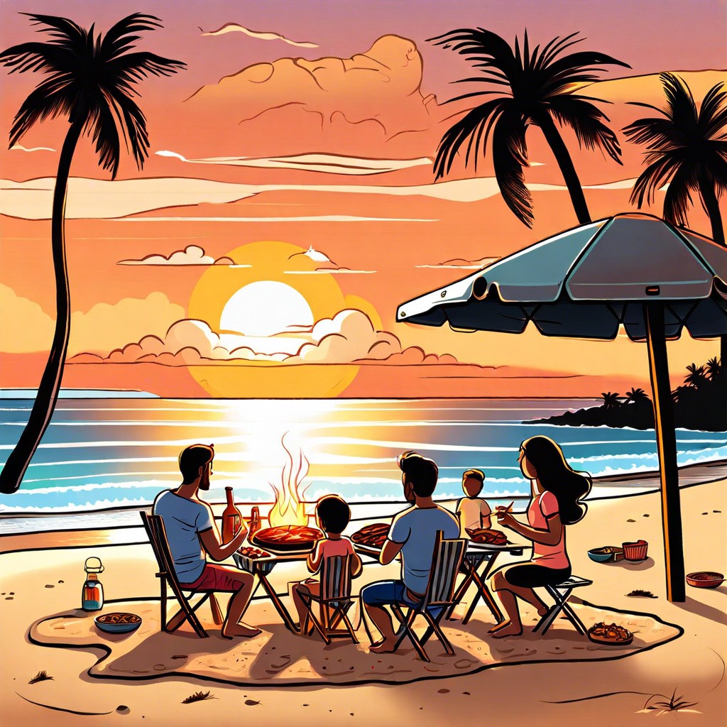 a family having a barbecue on the beach