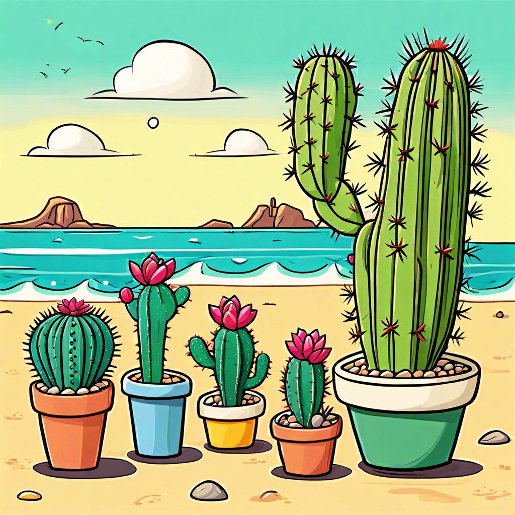 a family of cacti on vacation at the beach