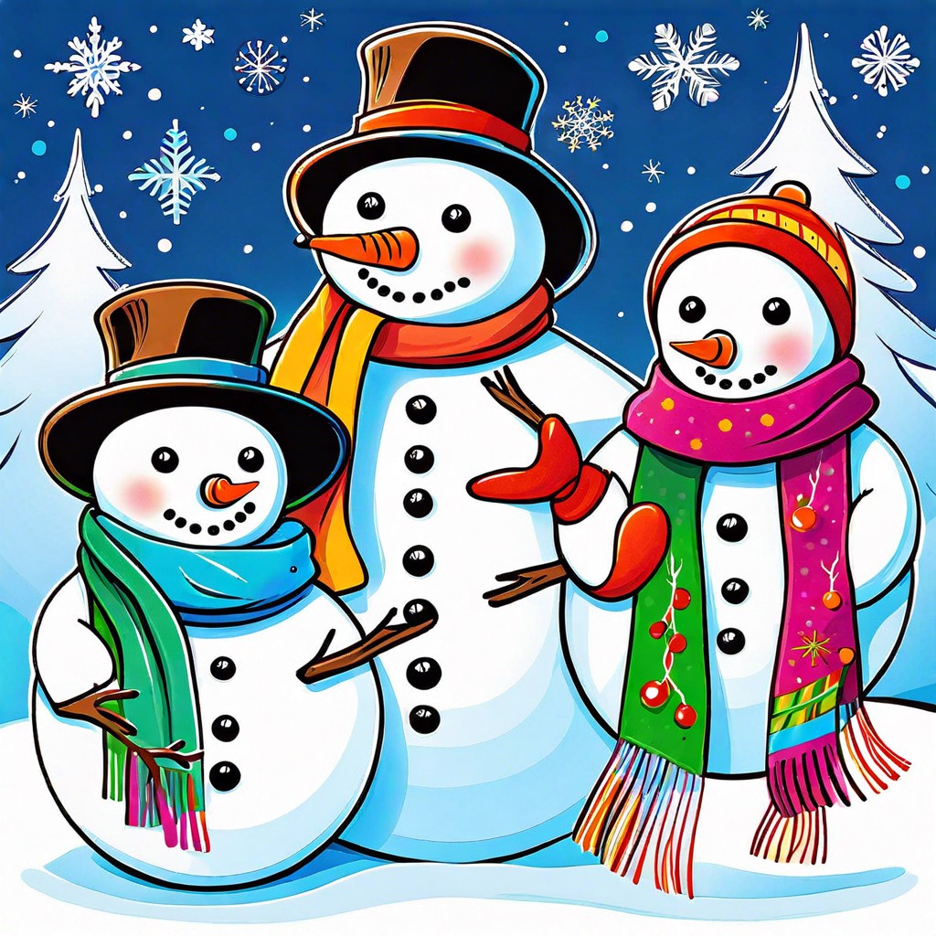 a family of snowmen with colorful scarves