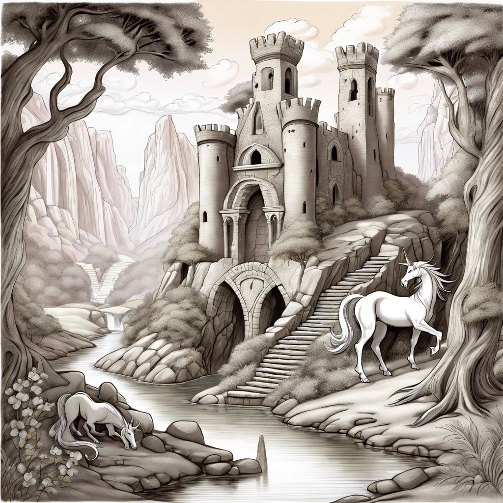 a fantasy landscape with mythical creatures and ancient ruins