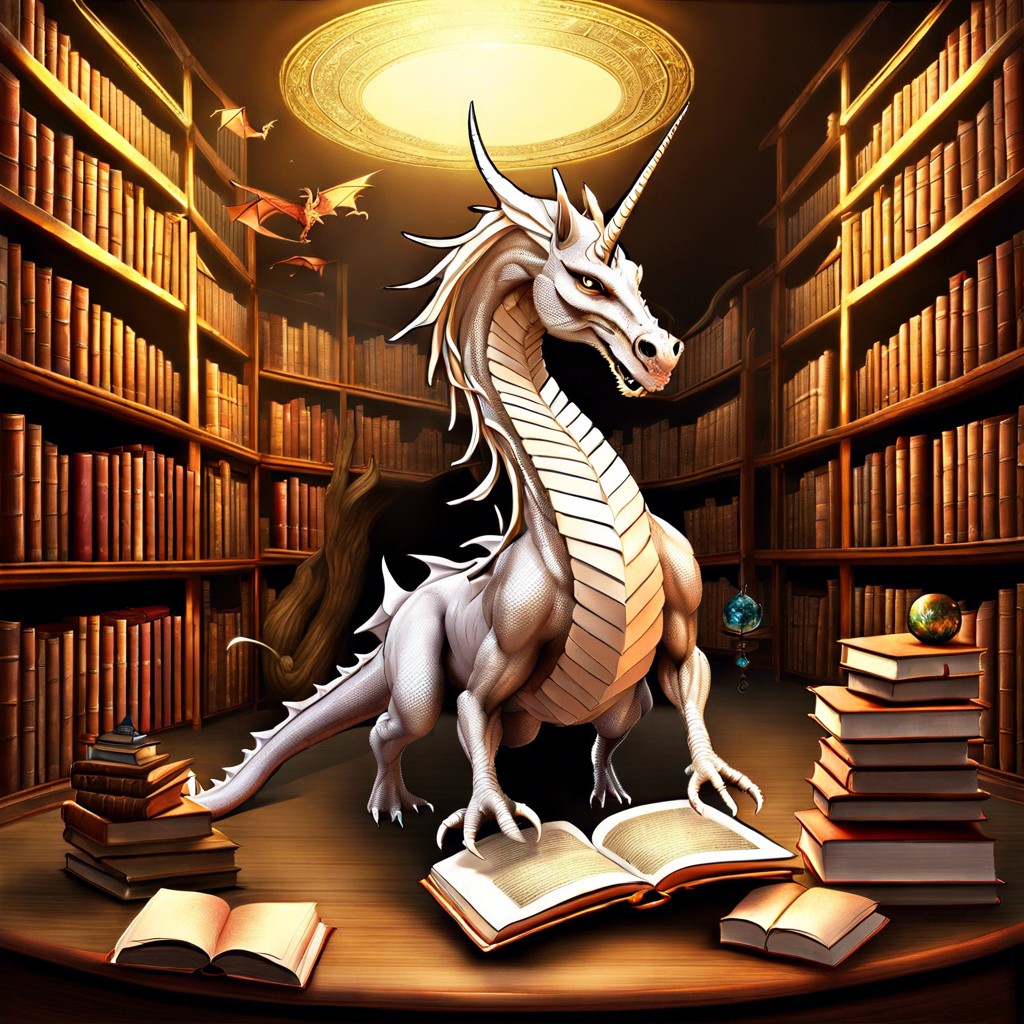 a fantasy library with flying books and mystical creatures